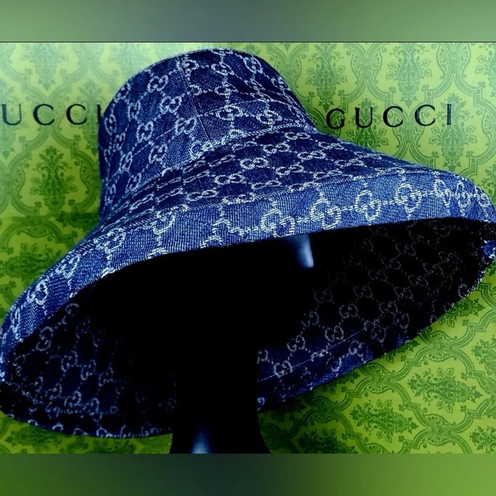 Gucci Bucket Hat GG Monogram Wide Large Brim Jacquard Canvas Denim New - Picture 6 of 11